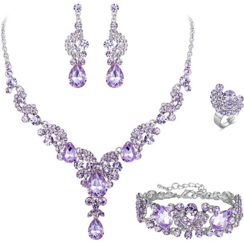 Rhinestone Bridal Necklace Earrings Set Wedding Jewelry Floral Teardrop Jewelry